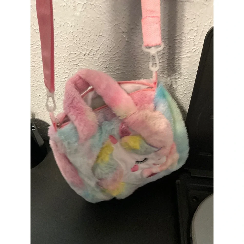 Kids Rainbow Tie Dye Faux Fur Unicorn Crossbody Bag Plush Tote Handbag Pink